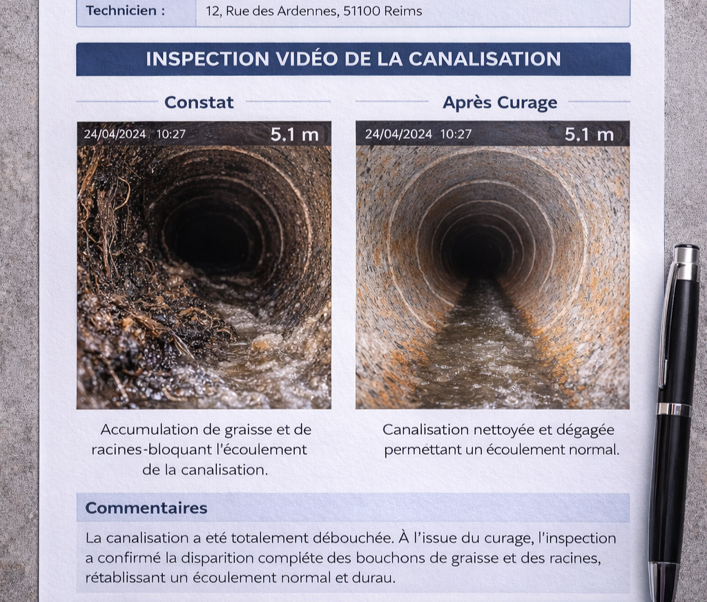 rapport-inspection-canalisation-par-camera entreprise assainissement curage et débouchage canalisation Paris et Ile de France
